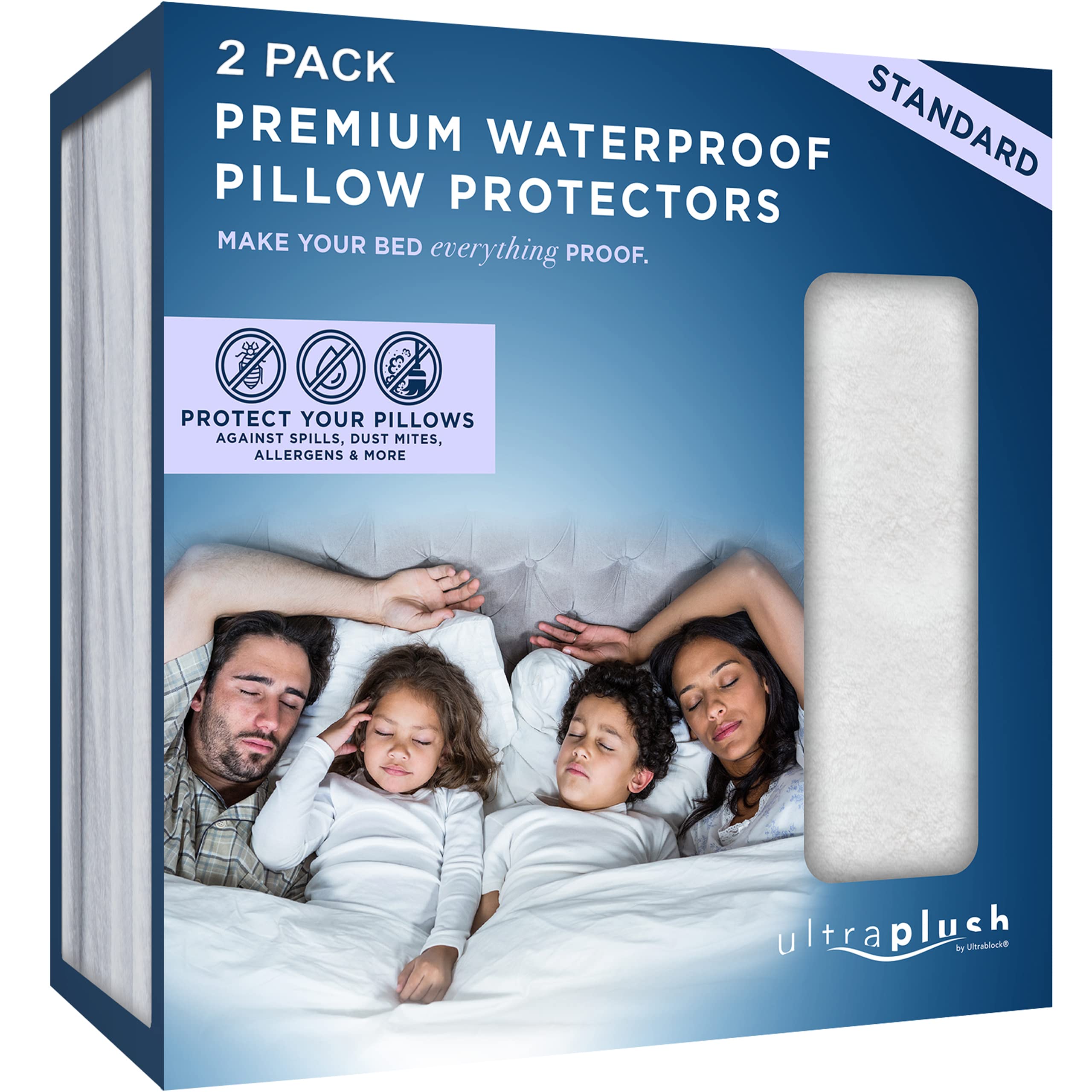 UltraPlush Pillow Protector- Waterproof & Hypoallergenic Covers - Dust Mite Proof 2 Pack of Zipped Premium Protectors - Soft & Gentle Pillow Cases- Standard