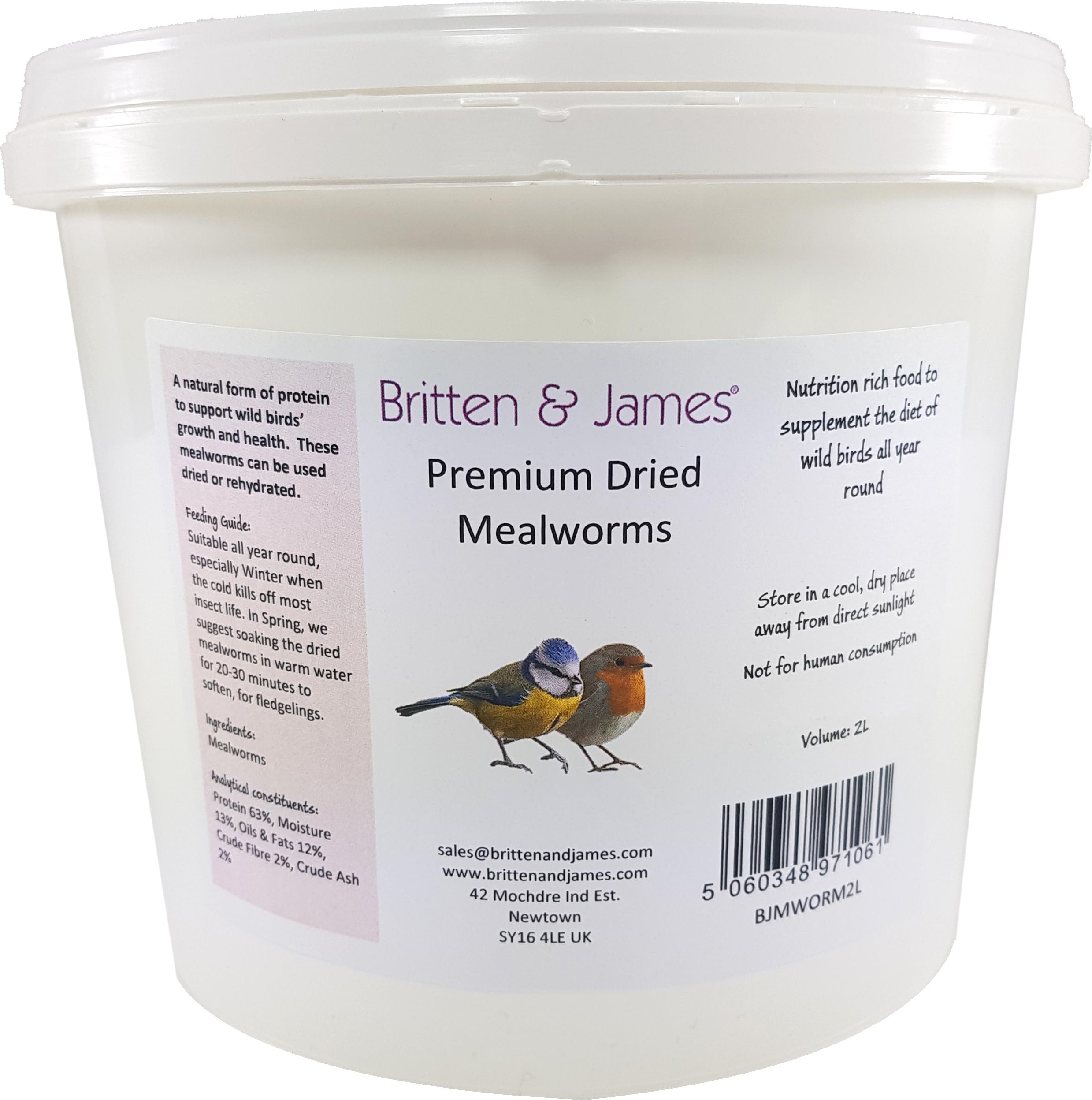 Britten & James Dried Mealworms for Wild Birds in a Stay Fresh 2L Tub (360g)