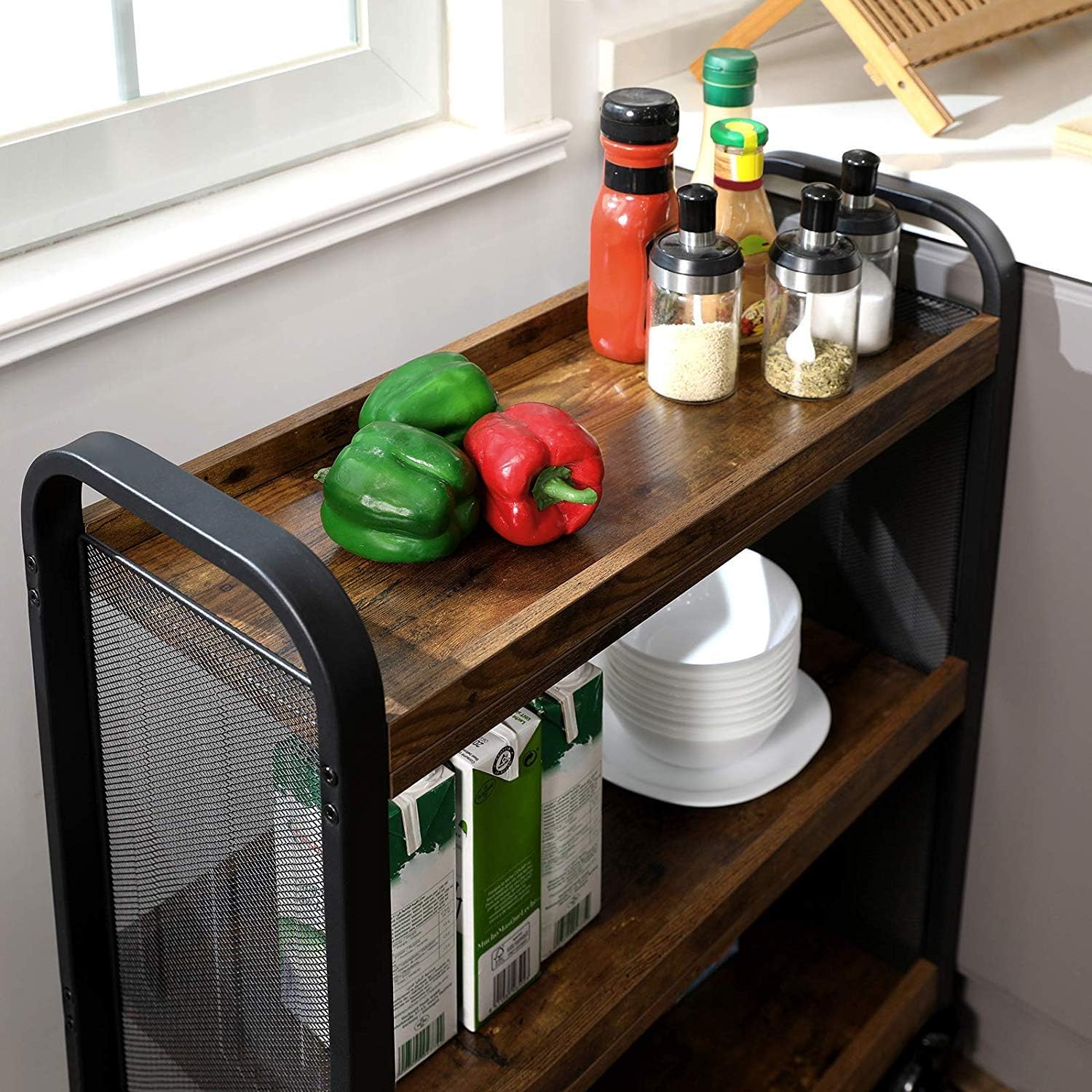 VASAGLE DAINTREE Serving Cart, Slim Kitchen Cart for Narrow Spaces, Rolling Storage Cart and Organizer Utility Cart with Casters Wheels, Easy Assembly, for Kitchen, Bathroom, Rustic Brown ULRC66BX - Kitchen Islands & Carts
