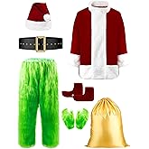 PrettyFirst Halloween Costumes Green Furry Costume Adult 8PCS, Christmas Deluxe Santa Claus Costume for Men