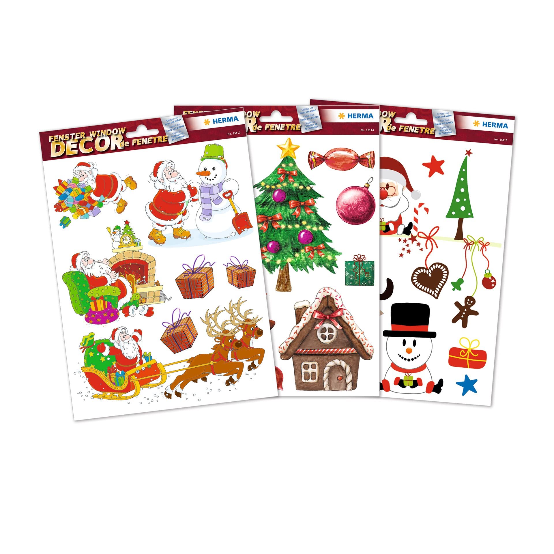 HERMA 25 Christmas Santa Snowman Reindeer Tree Stickers for Windows, Reusable Xmas Decorations, Large Wall Decals Window Clings for Kids and Children