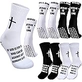 Jamntower 4 Pairs Cross Grip Soccer Socks with Bible Verse Anti Slip Religious Jesus Christian Football Sock with Rubber Dots