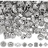 SUNNYCLUE 1 Box 180Pcs 8 Styles Tibetan Style Alloy Beads Silver Spacer Bead Bulk Assorted Metal Antique Retro Rondelle Round Column Loose Charm Beads for Jewelry Making Bracelet DIY Crafts Supplies