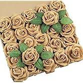 DuHouse 25Pcs Artificial Roses Flowers Fake Roses with Stems Real Touch Foam Flowers for DIY Wedding Bouquet Centerpiece Floral Arrangement Party Home Decor (Light Gold)