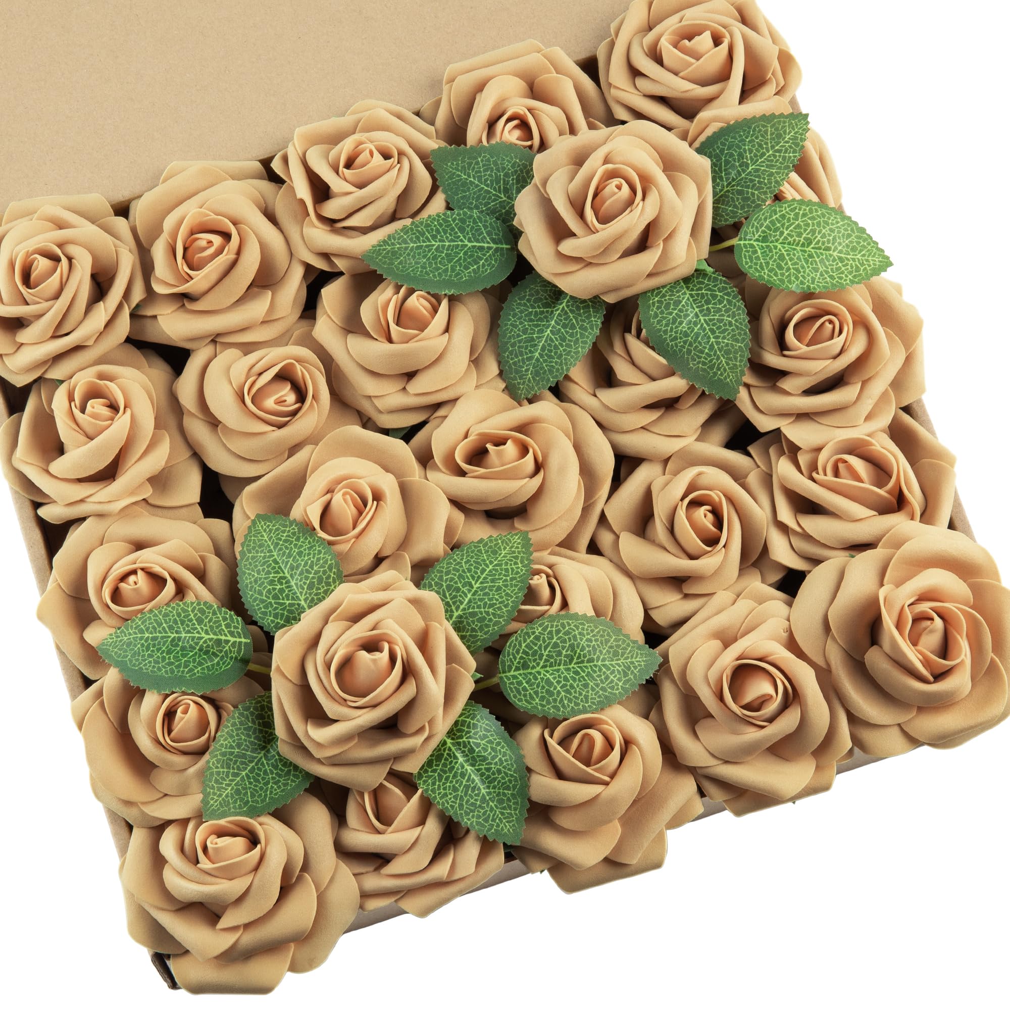 DuHouse 25Pcs Artificial Roses Flowers Fake Rose with Stems Real Touch Foam Flower Head for DIY Wedding Bridal Bouquet Baby Shower Centerpiece Floral Arrangement Party Home Decor(Light Gold)