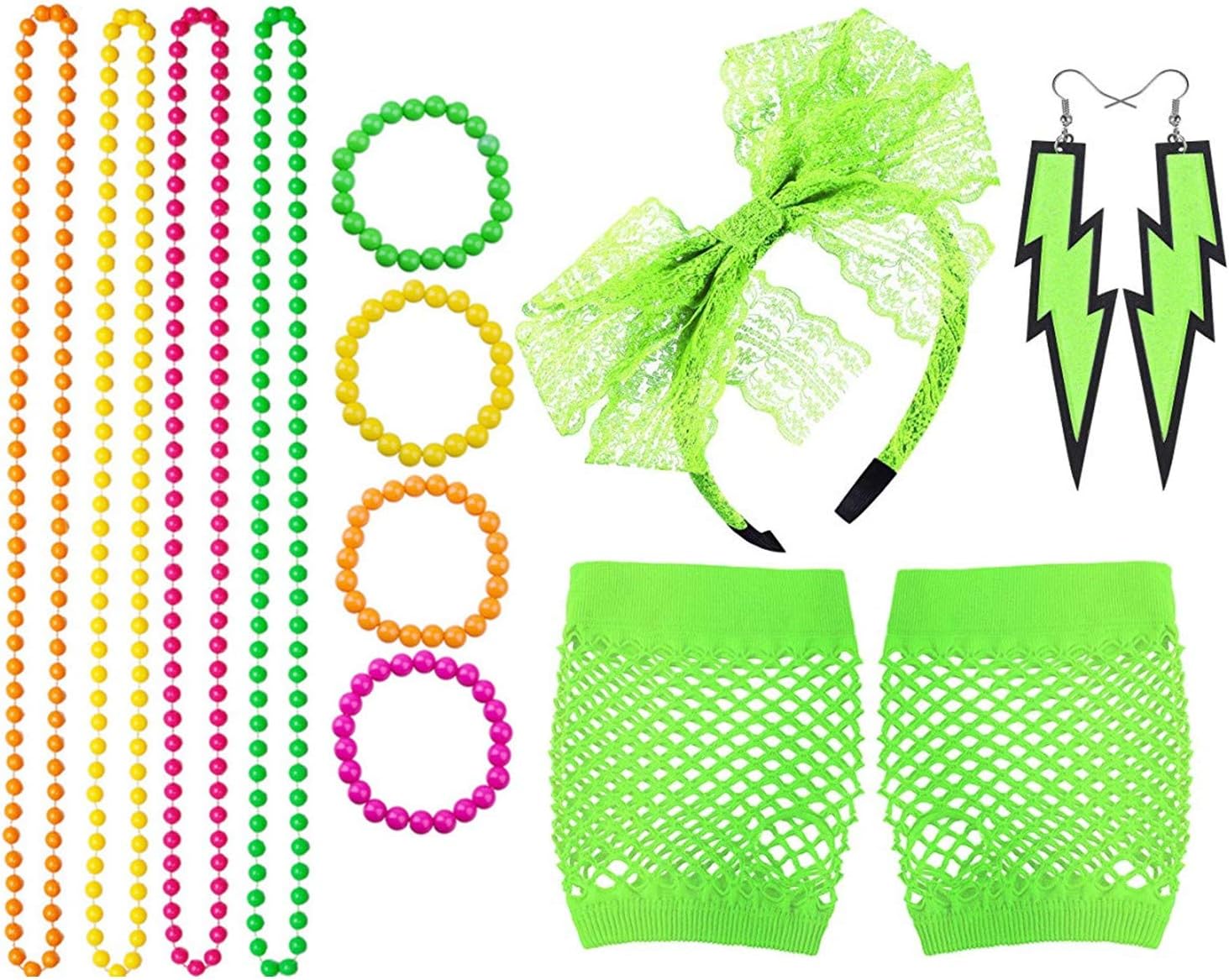 TOPWAYS® 80s Fancy Dress Retro Accessories Set,1980s Fancy Outfit Party Dress for Girls Ladies Women Neon Necklaces