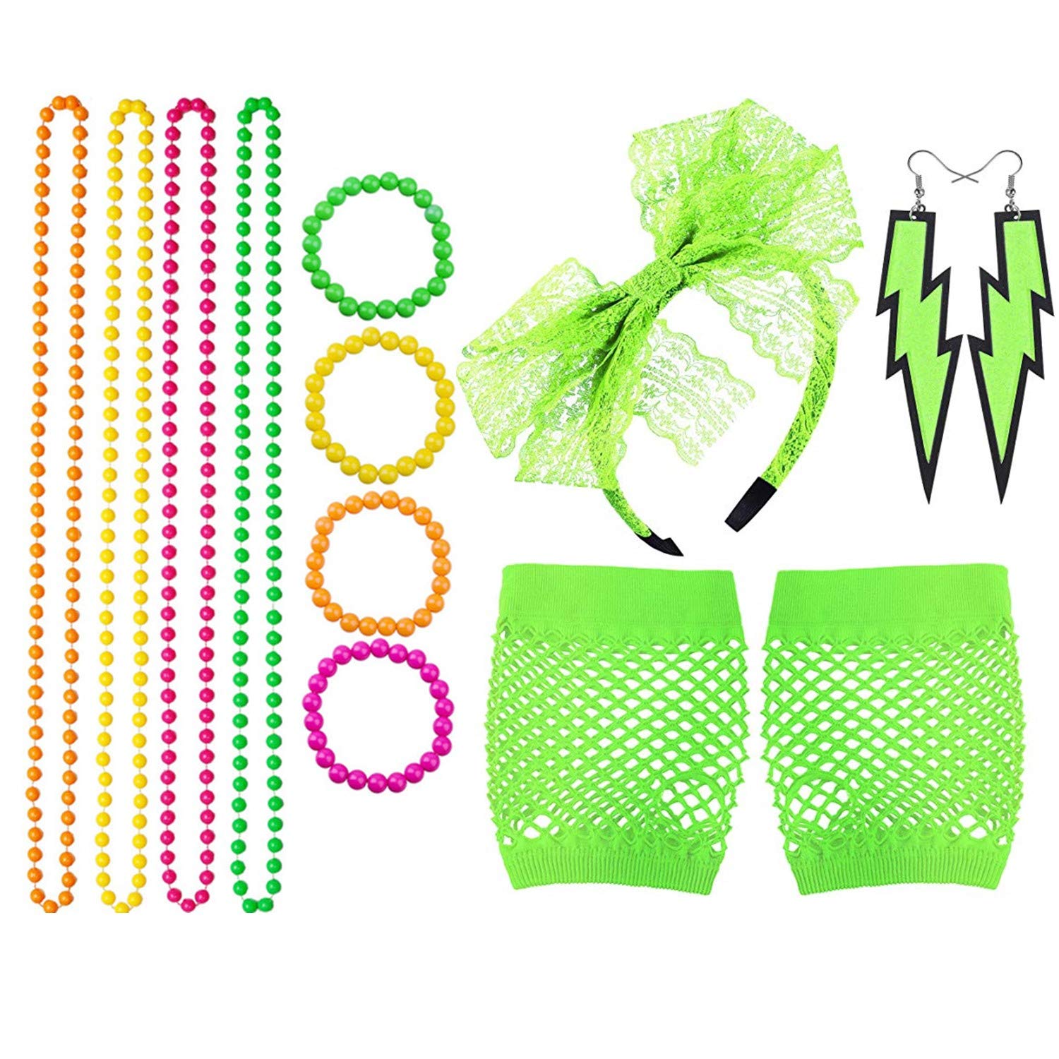 TOPWAYS® 80s Fancy Dress Retro Accessories Set,1980s Fancy Outfit Party Dress For Girls Ladies Women, Neon Necklaces, Bracelets, Fishnet Gloves, Lace Bow Headband & Neon Earrings (Green)