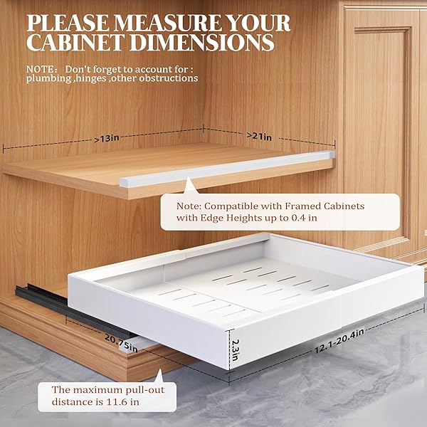 SEINLOES 4 PACK EXPANDABLE PULL OUT CABINET ORGANIZER 21″DEEP WITH RAISING PAD FOR FRAMED CABINETS,UPGRADE 3 SLIDE RAILS SLIDE OUT DRAWERS,NO DRILL ROLL OUT SHELVES,ADJUSTABLE WIDTH 12.1″-20.4″ WHITE