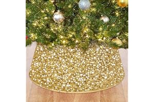 ROMANKAS Gold Christmas Tree Collar 24 Inch Sequin Xmas Tree Ring for Artificial Tree Skirt Embroidered Velvet Tree Bark Collar Glittery Tree Base Cover for Fall Holiday Luxury Tree Collar Box Decor
