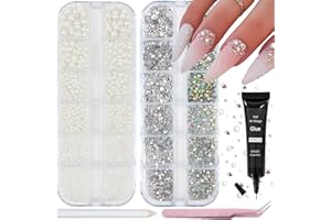 VOTACOS Nail Art Pearls Rhinestones with Glue Gel White Flatback Pearls Luxurious Nail Charms Supplies Accessories Colorful Nails Rhinestones Gems Jewelry for Women Nails Design