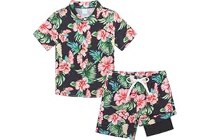 UNICOMIDEA Boys Hawaiian Outfits Tropical Print Button Down Shirt + Swim Trunks 2 Piece Sets for 5-12T Kids