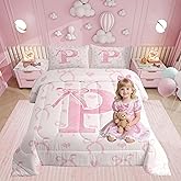 Erosebridal Pink Bow Knot Bedding Set Full Size for Women Teen Girls Aesthetic Letter P Comforter Set Girly Love Hearts Comforter Dreamy Princess Style Room Decor Lightweight Fairy Duvet Quilt