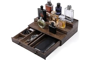 Boulphia Cologne Organizer for Men, 3-Tier Cologne Stand with Drawer and Hidden Compartment, Wooden Cologne Shelf for Perfume Display Holder, Great Gifts for Men, Vintage