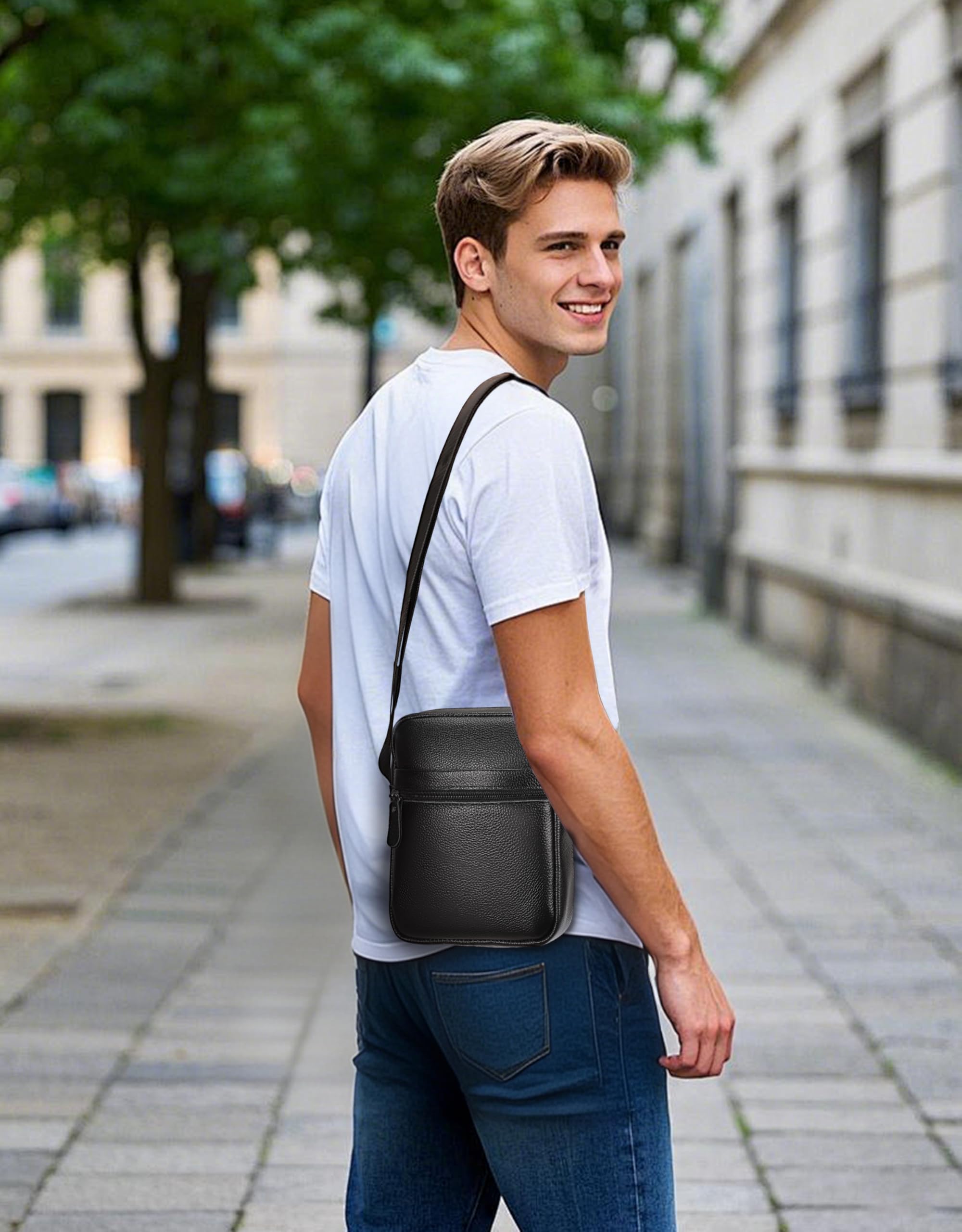 Leathario Men's Crossbody Shoulder Bag, Genuine Leather Small Messenger Satchel for Work Business Travel, Black Side Purse