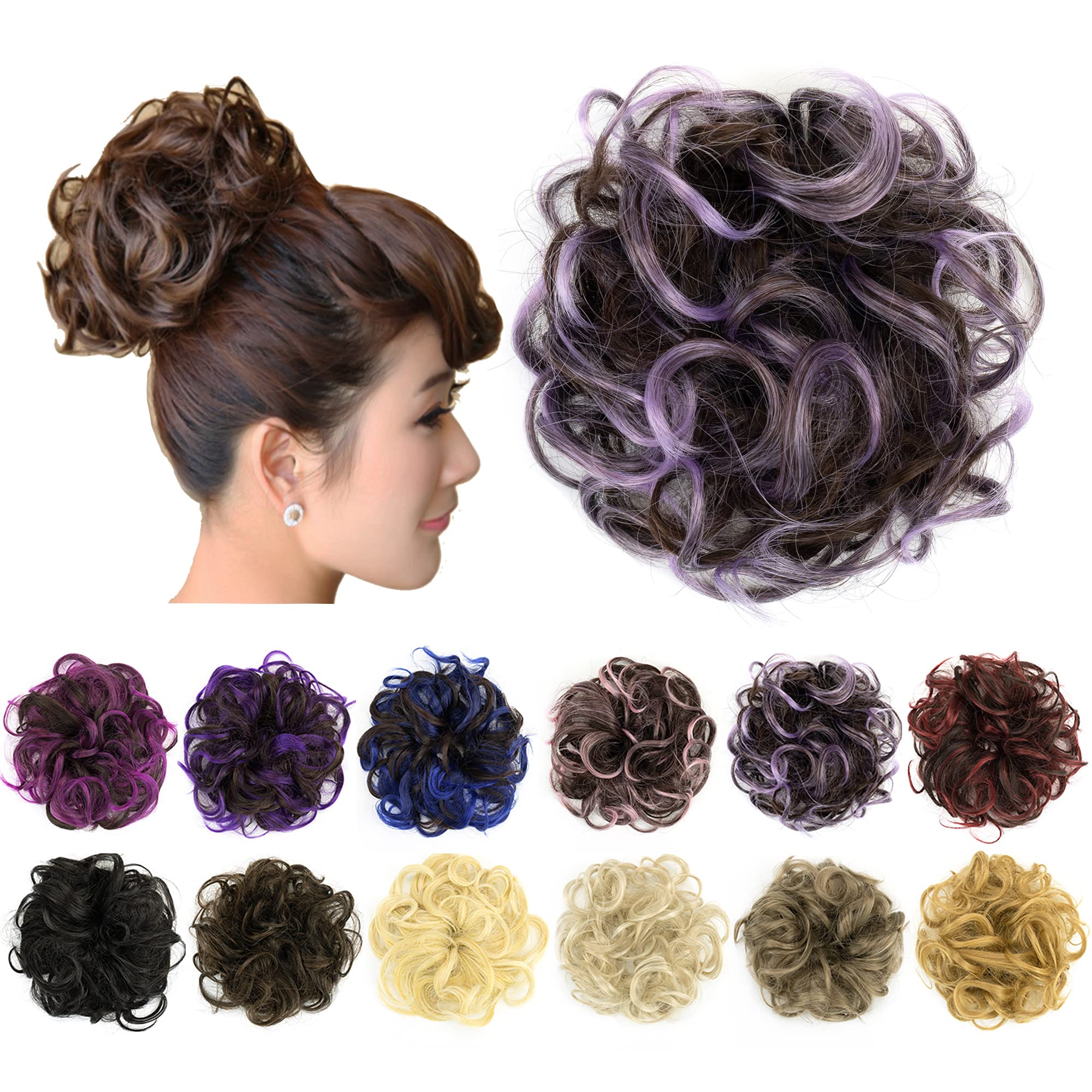 IMISSU 2PCS Messy Bun Hair Piece Updo Fake Scrunchies Ponytail Extension Wavy Curly Hairpieces Chignon Headband for Women Girls (2PCS Brown Light Purple)