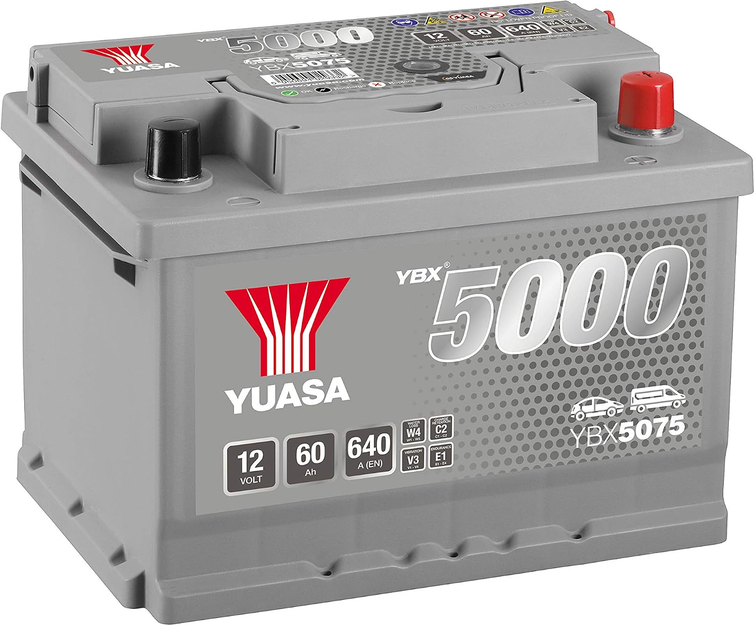 Yuasa YBX5075 12V 60Ah 620CCA Silver Sealed Maintenance Free High Performance Car Battery, 24.3 x 17.5 x 17.5 centimetres