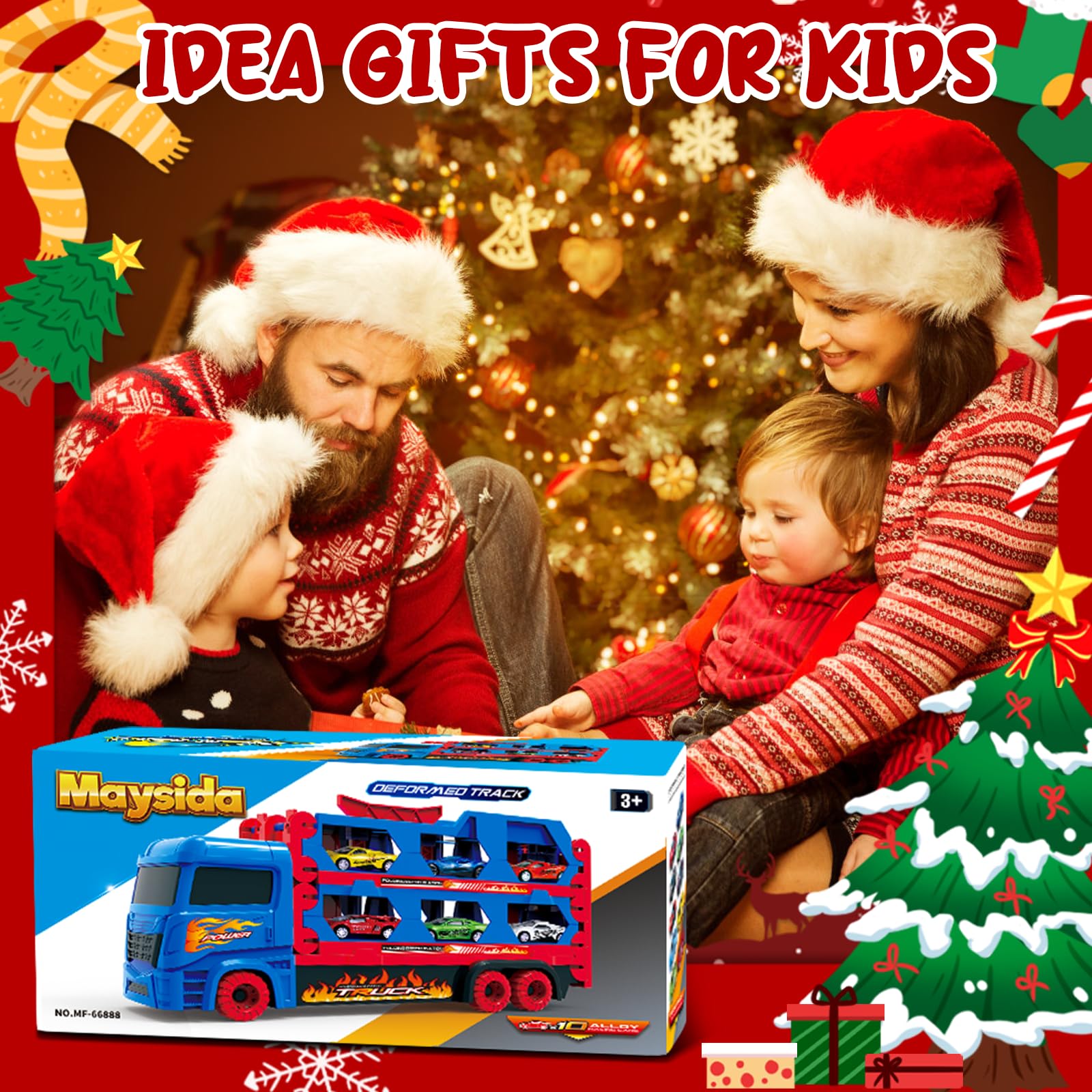 maysida Transport Truck Spielzeugautos für Jungen 3, 4, 5, 6 Jahren, 165cm&Faltbare Rennbahn Truck mit 10 Autos Spielzeug-4 Rückziehautos&6 Rennautos, Transporter Spielzeug-Kinder Geschenke für jungen 6