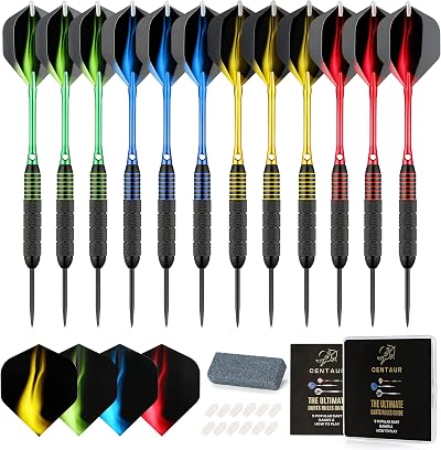 Centaur 12 Pack Steel Tip Darts 24g with 4 Color Aluminum Shafts & Flights