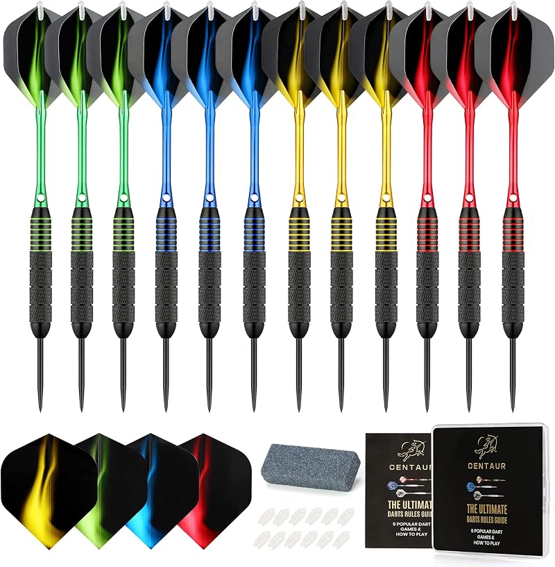 Centaur 12 Pack Steel Tip Darts 24g with 4 Color Aluminum Shafts & Flights