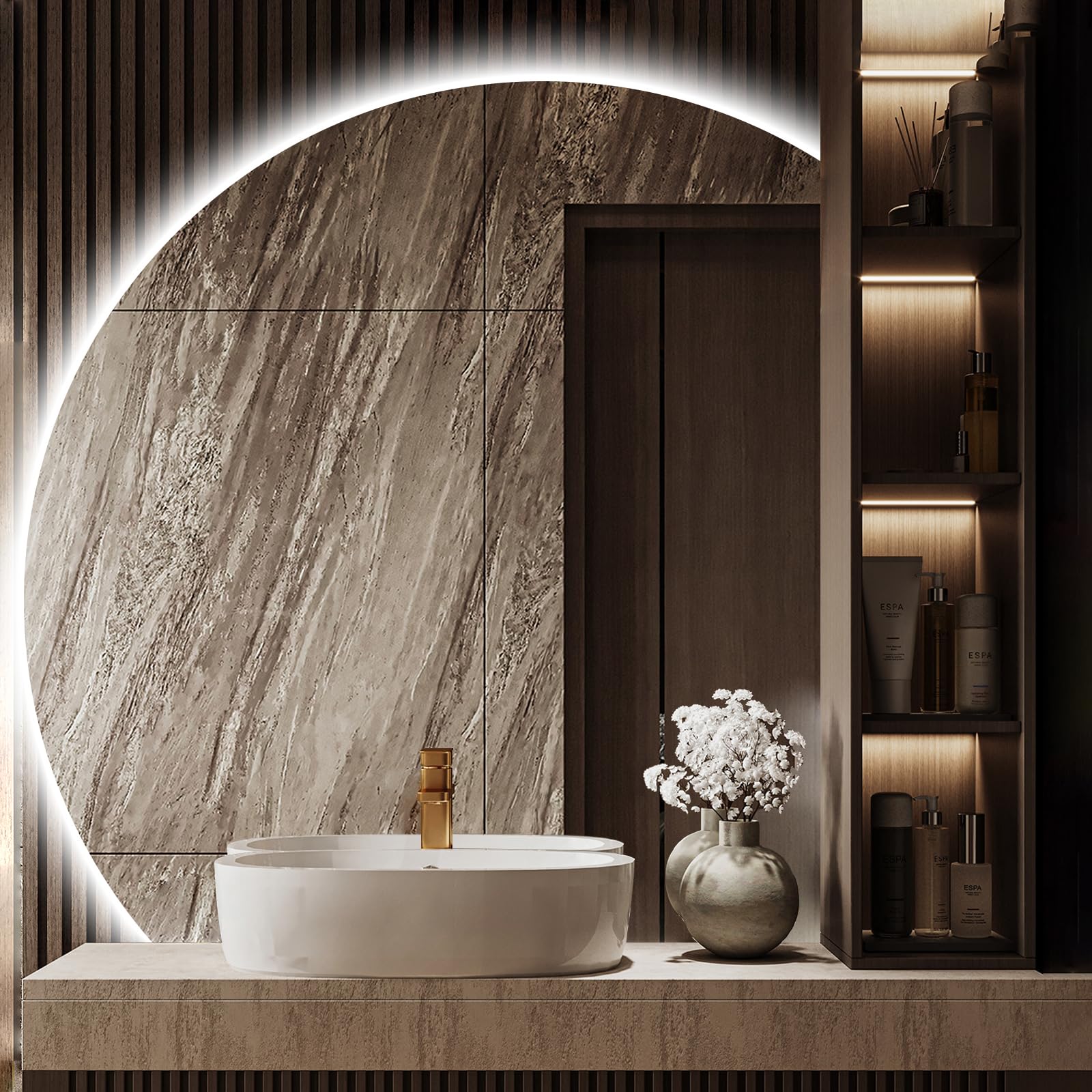 Photo 1 of Niccy 35" Half Moon LED Mirror for Bathroom, Backlit Semi Circle Frameless Mirror for Entryway, Irregular 1/4 Round Lighted Mirror with Bedroom Wall Mirror, Anti-Fog, Dimmable, Makeup Mirror