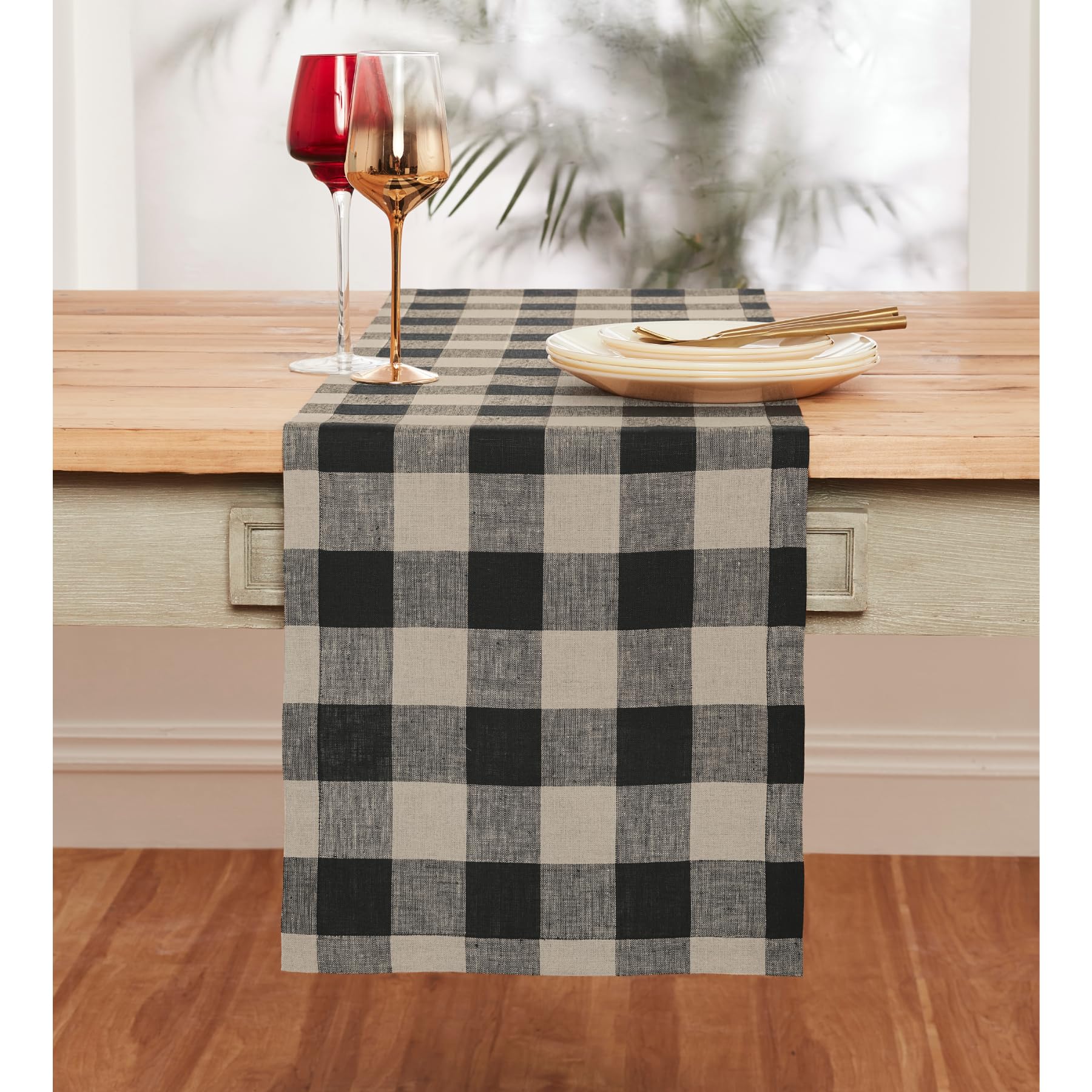 Solino Home Linen Checkered Table Runners 90 Inches Long - 100% Pure Linen Natural and Black Buffalo Plaid Table Runner 14 x 90 Inch Ideal for Dining