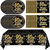 Juhap 41Pcs 90th Birthday Party Decorations for Men Women, Black Gold Happy 90th Birthday Supplies with 20 Plates, 20 Napkins and 1 Tablecloth, 90 Years Old Party Disposable Tableware Kit for Him Her