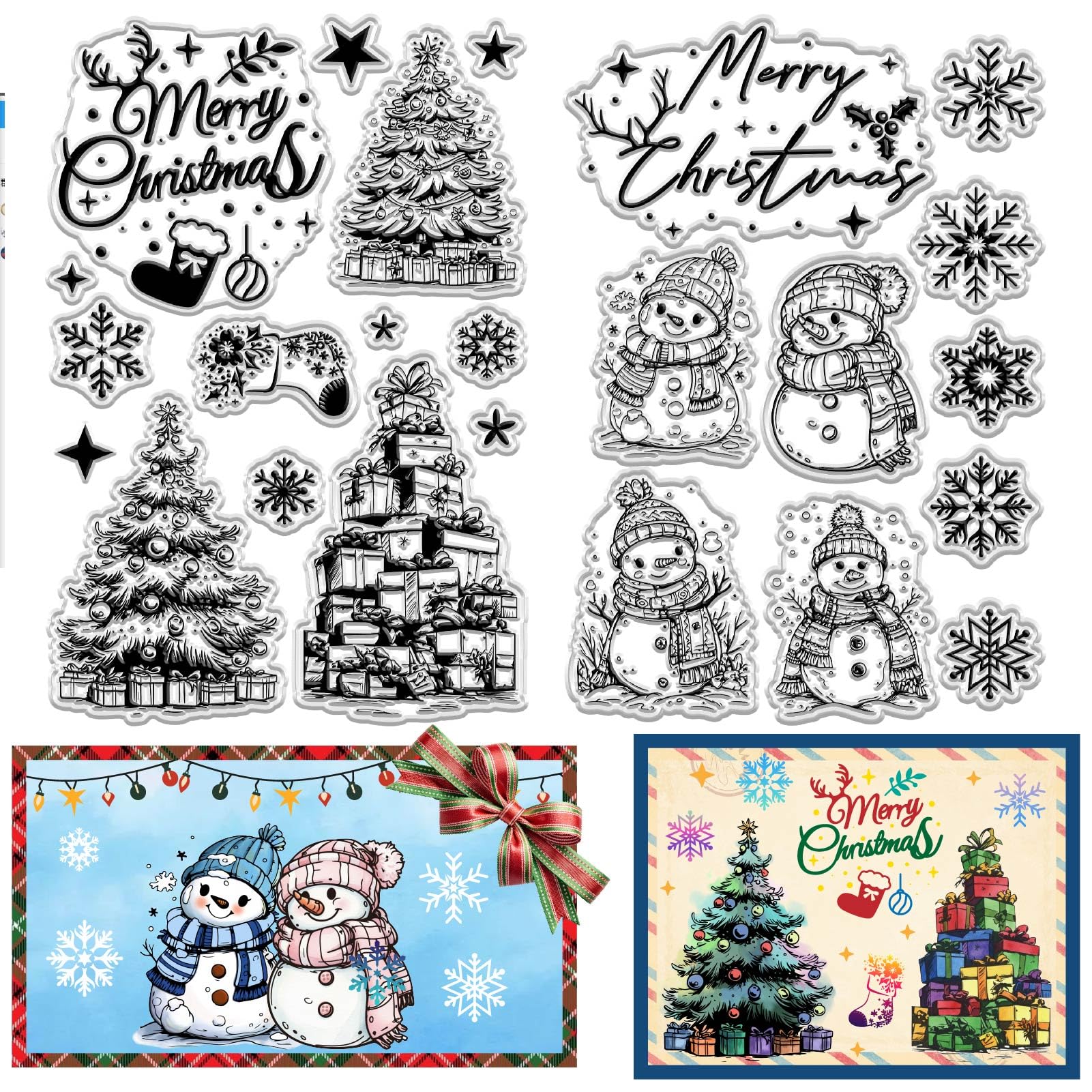 CRASPIRE 2 Sheets Merry Christmas Clear Rubber Stamps Snowman Snowflake Xmas Tree Greeting Words Gift Reusable Vintage Transparent Silicone Seal Stamp for DIY Craft Scrapbooking Journaling Card Making