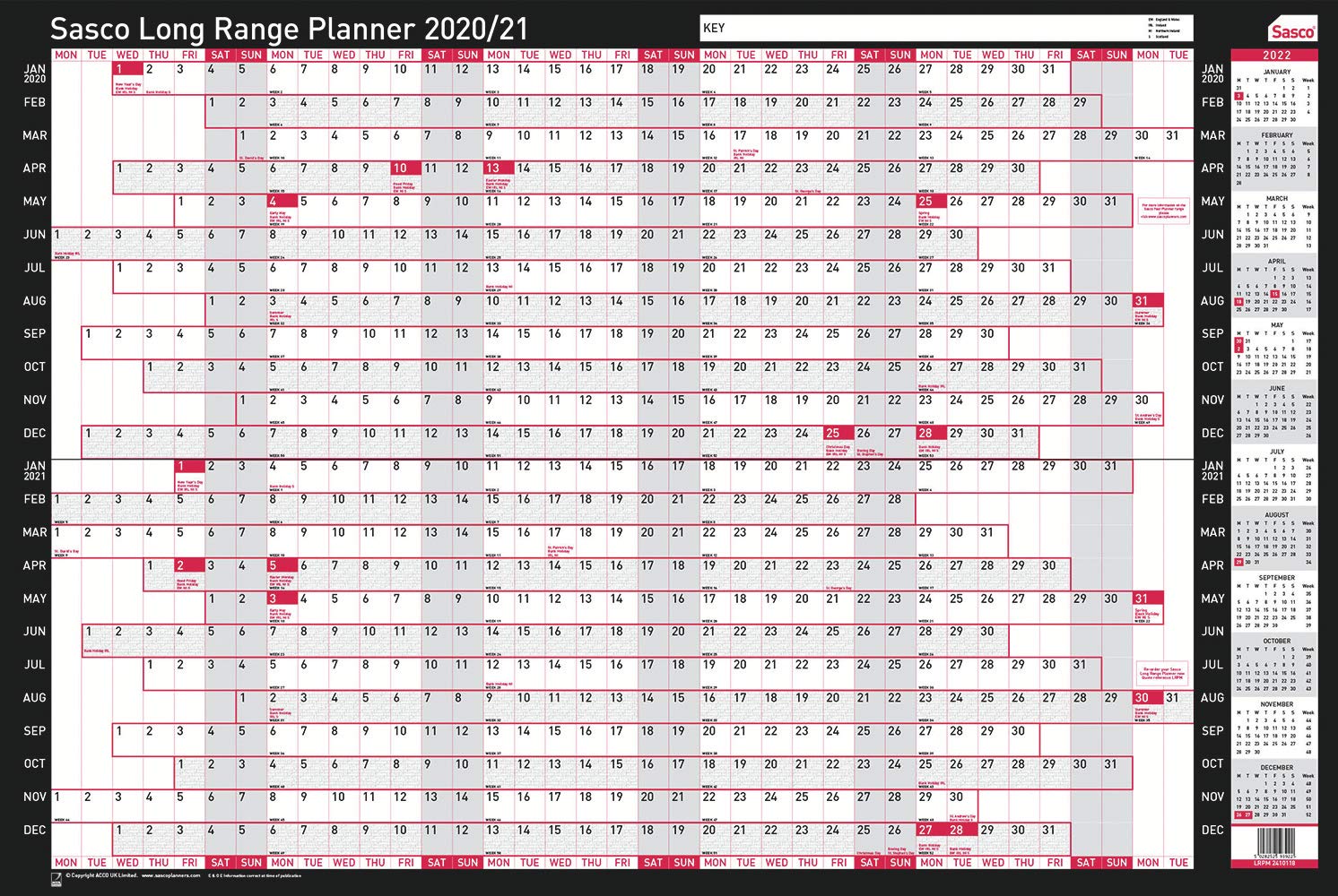 Sasco 2410118 2020/21 Board Mounted Long Range A1 Wall Planner with Wet Wipe Pen & Sticker Pack, 610 x 915 mm (H x W)