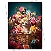 Chihuahua with Flowers All Occasions Greeting Card from Unique Dogs Party Delights Collection Large 5x7 Inch Blank Inside with Envelope