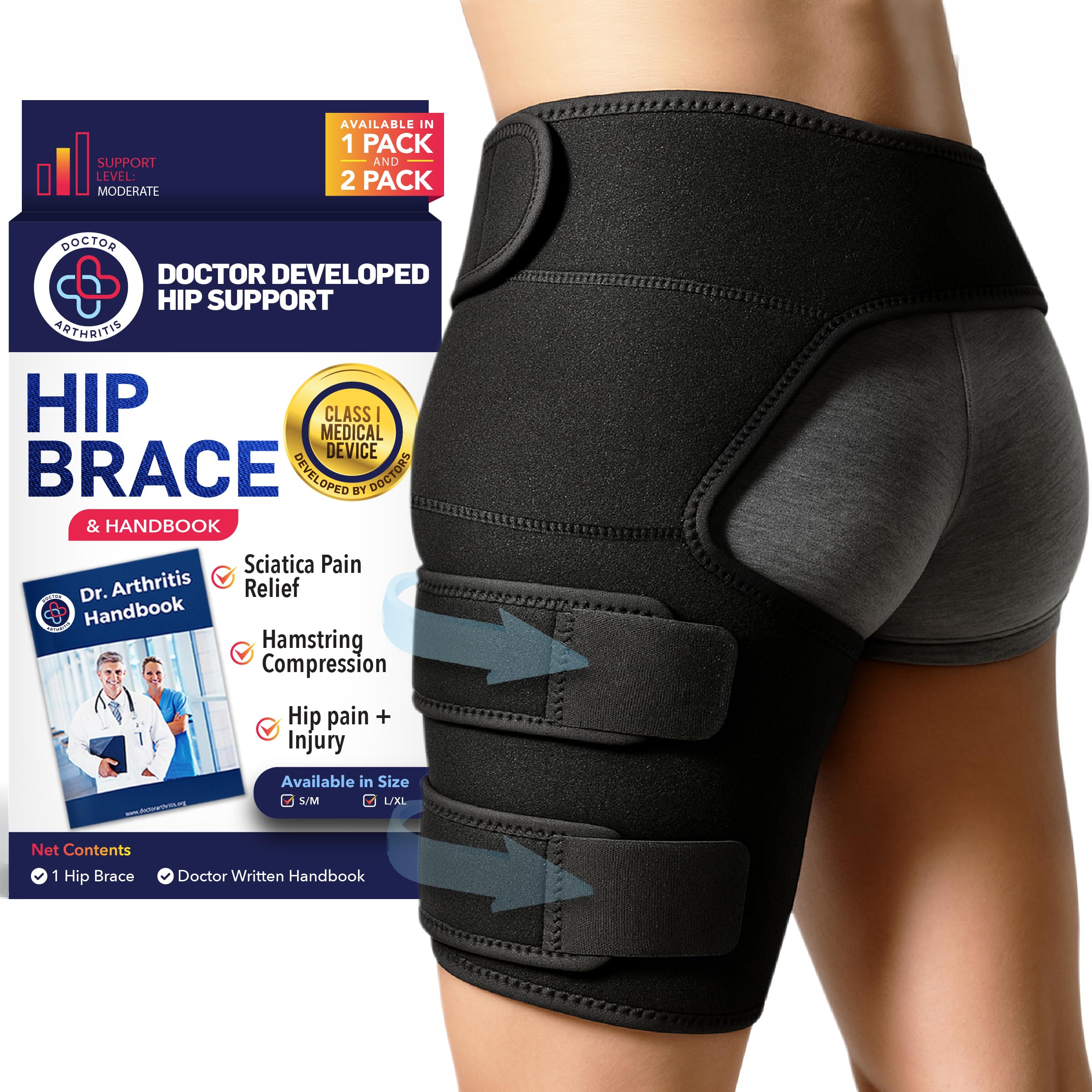 Dr.Arthritis Doctor Developed Hip Support Brace & Doctor Handbook - Hip Support For Women & Men (S/M, Black Left)