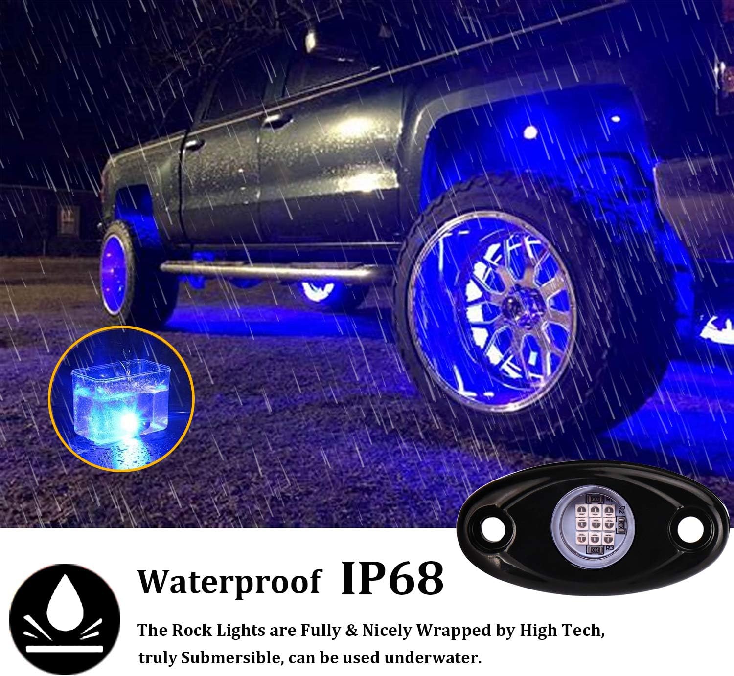 PSEQT 4Pods LED Rock Light Kit Underglow Lights for Car Offroad Jeep Truck Boat Underbody Blue Neon Lighting Glow Trail Rig Lamp Waterproof - 9 Chips Each: Automotive