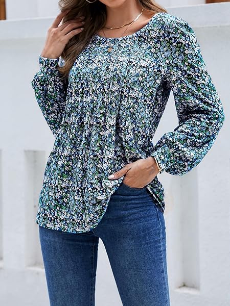LICEMERE LONG SLEEVE SHIRTS FOR WOMEN FALL FASHION 2025 WOMENS TUNIC TOPS PLEATED CREW NECK PUFF SLEEVE BLOUSES DRESSY CASUAL (FLORAL BLUE,XXL)