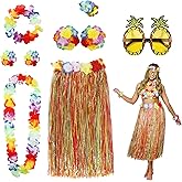 PHOGARY 8 Pack Hula Skirt Costume Kit for Hawaii Luau Party - Dancing Hula with Flower Bikini Top, Hawaiian Lei