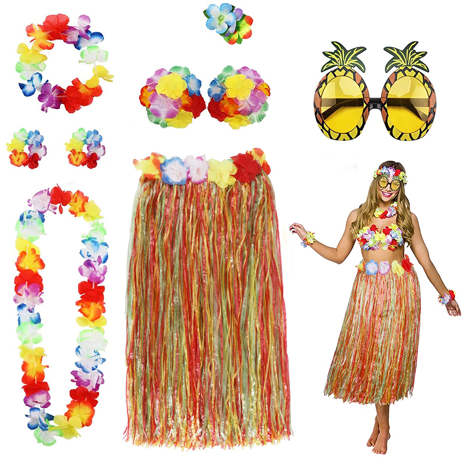 PHOGARY 8 Pack Hula Skirt Costume Accessory Kit for Hawaii Luau Party - Dancing Hula with Flower Bikini Top, Hawaiian Lei, Hibiscus Hair Clip, Pineapple Sunglasses for Women (Colorful)