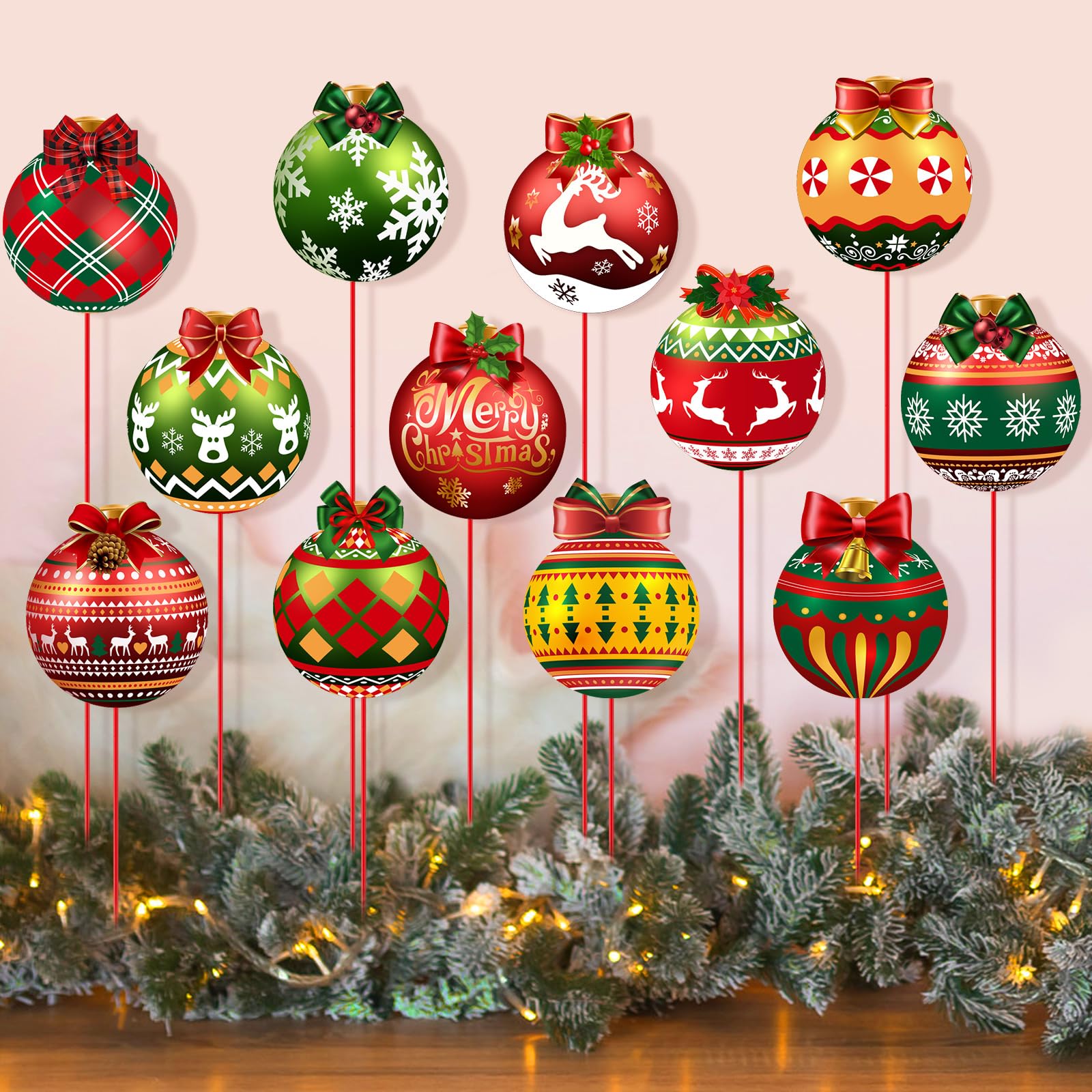 Photo 1 of ***MISSING PIECES*** Zonon 12pcs Winter Garden Decorations Winter Snowflake Metal Planter Stakes for Patio Lawn Planter Pot Xmas Nutcracker Gingerbread Yard Stake Signs Outdoor Lawn Decor Party Favor(Ball)