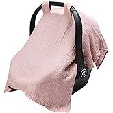 Meracorallo Muslin Baby Car Seat Cover, Lightweight Breathable Soft Infant Carrier Cover Carseat Canopy for Baby Boys and Girls, Pink