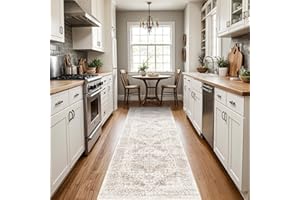 EISUROM Washable 2'6''x8' Runner Rug - Non-Slip Vintage Runner Rug for Entryway Low-Pile Medallion Long Rugs for Hallway Waterproof Traditional Indoor Thin Rug for Kitchen (Cream/Beige)