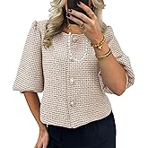 Cicy Bell Womens Cropped Tweed Blazers Puff Short Sleeve Crew Neck Button Business Casual Suit Jackets
