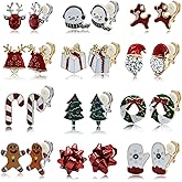 VGGAEELY 12 Pairs Christmas Clip on Earrings Cute Snowman Tree Moose Gloves Bells Socks Santa Festive Holiday Earrings Set