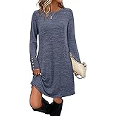OFEEFAN Long Sleeve Dress for Women Crew Neck Tunic Dress with Pockets Decorative Buttons