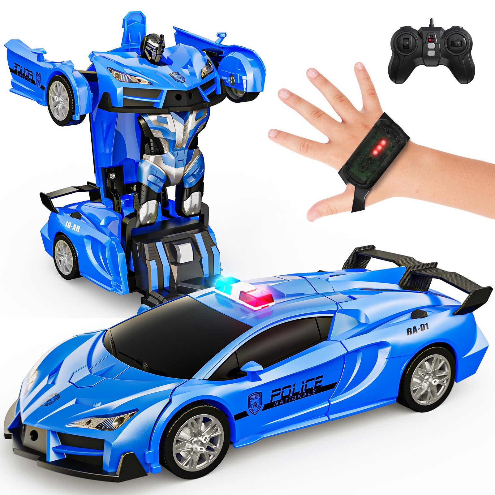 Tecnock 2026 Remote Control Cars Gesture Sensing, Transform Robot RC Cars for Kids, 2.4GHz One Button Transformation Robot Toy with LED Lights, Police Car Toy Gift for Age 4-12 Boys/Girls