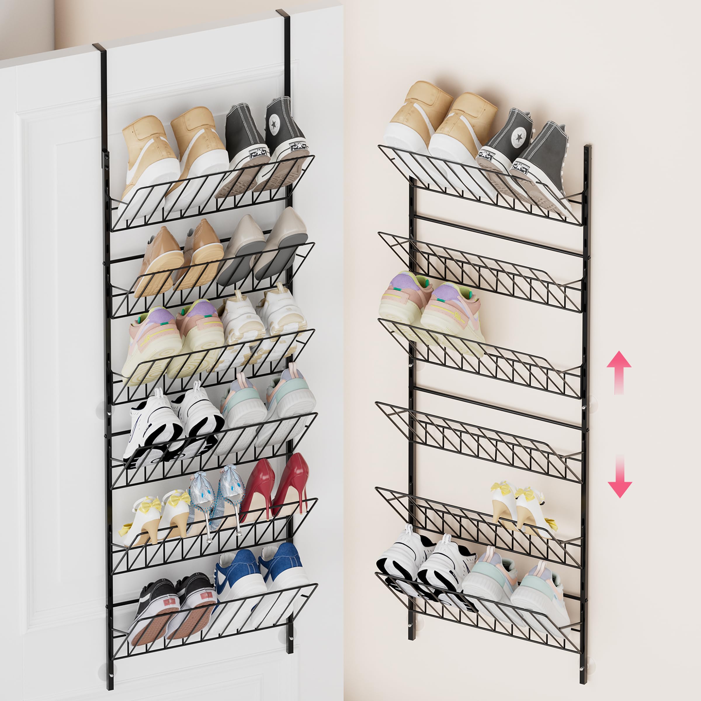Photo 1 of **INCOMPLETE** SWTYMIKI Over The Door Shoe Organizer - Adjustable 6 Tier Hanging Shoe Rack Organizer, Metal Heavy Duty Behind Door Storage or Wall Mount Shoes Shelf for Flats, Heels, Sneakers, Boots