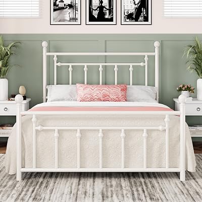 Allewie 14 Inch Full Size Metal Platform Bed Frame with Victorian Vintage Headboard and Footboard/Mattress Foundation/Under Bed Storage/No Box Spring Needed/Easy Assembly/Noise Free/White