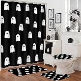 Maasechs 6 Pcs Halloween Ghost Shower Curtain Set 72 x 72 in | Spooky Ghost Bathroom Decor, 12 Hooks, Toilet Lid Cover, Bath Mat, 2 Towels, U-Shaped Rug for Home