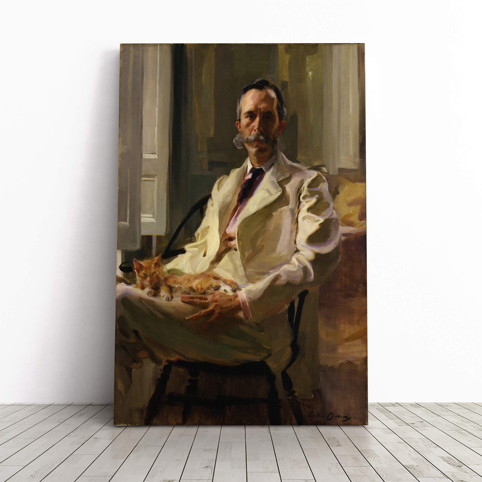 Cecilia Beaux Man with The Cat Canvas Print | Gallery Wrapped 30mm Frame Wall Art | 20x14 inches | Ready to Hang | Modern Animals Picture | Living Room Bedroom Lounge Office