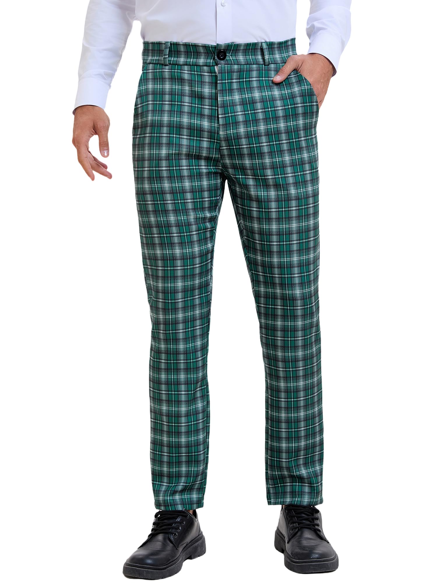 Photo 1 of Lars Amadeus Men's Dress Plaid Pants Casual Regular Fit Flat Front Stretch Checked Trousers 32 Dark Green