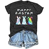 Happy Easter Shirts for Women: Easter Bunny Shirt Colorful Rabbit Easter Graphic T Shirt Letter Print Short Sleeve Tops