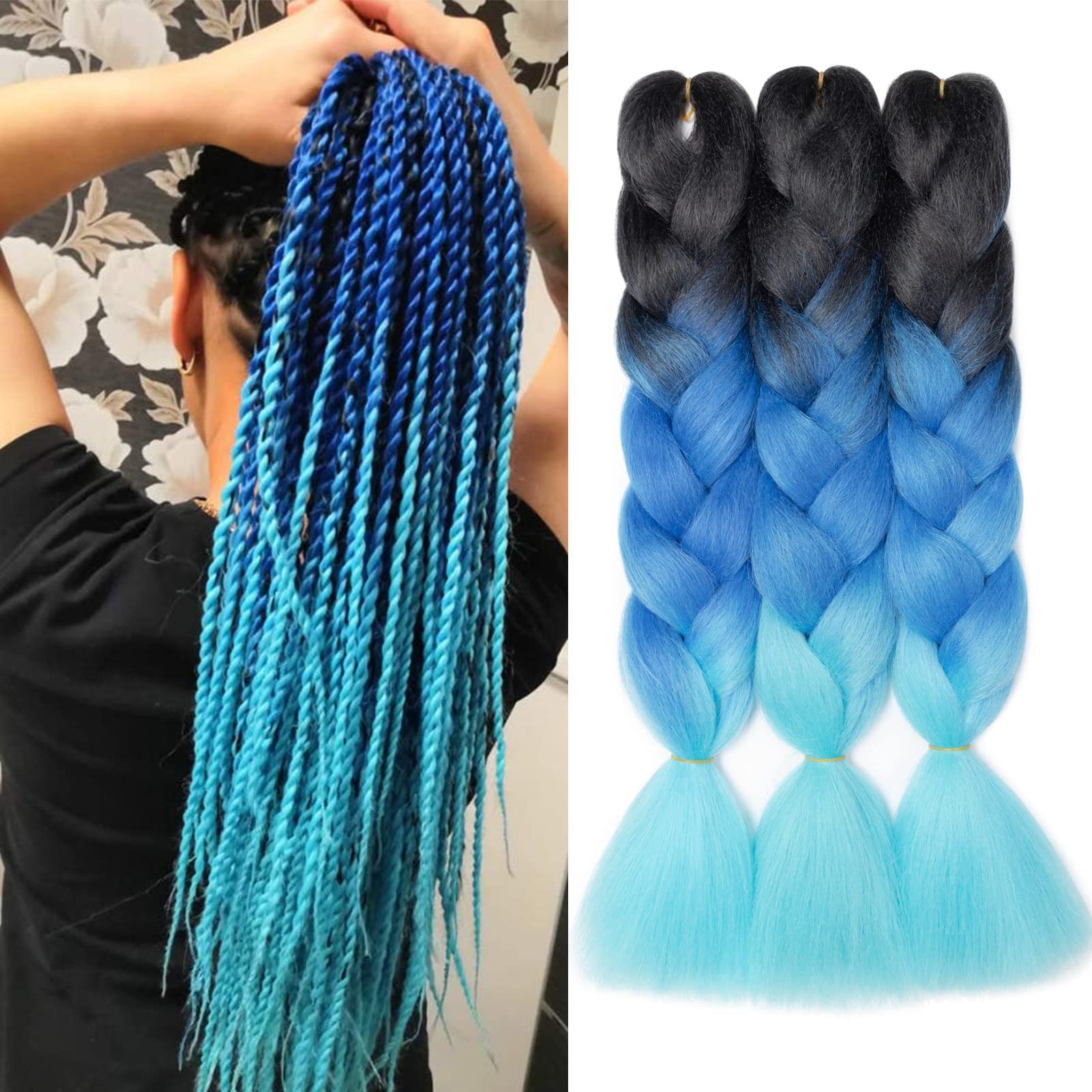 Gairyan Braiding Hair Extensions Ombre Jumbo Braids Synthetic Hair 3 Packs 24 inches 300g Coloured Hair for Braiding Extensions Box Braids Crochet Twist (Black-Sapphire-Sky blue) โ image 1
