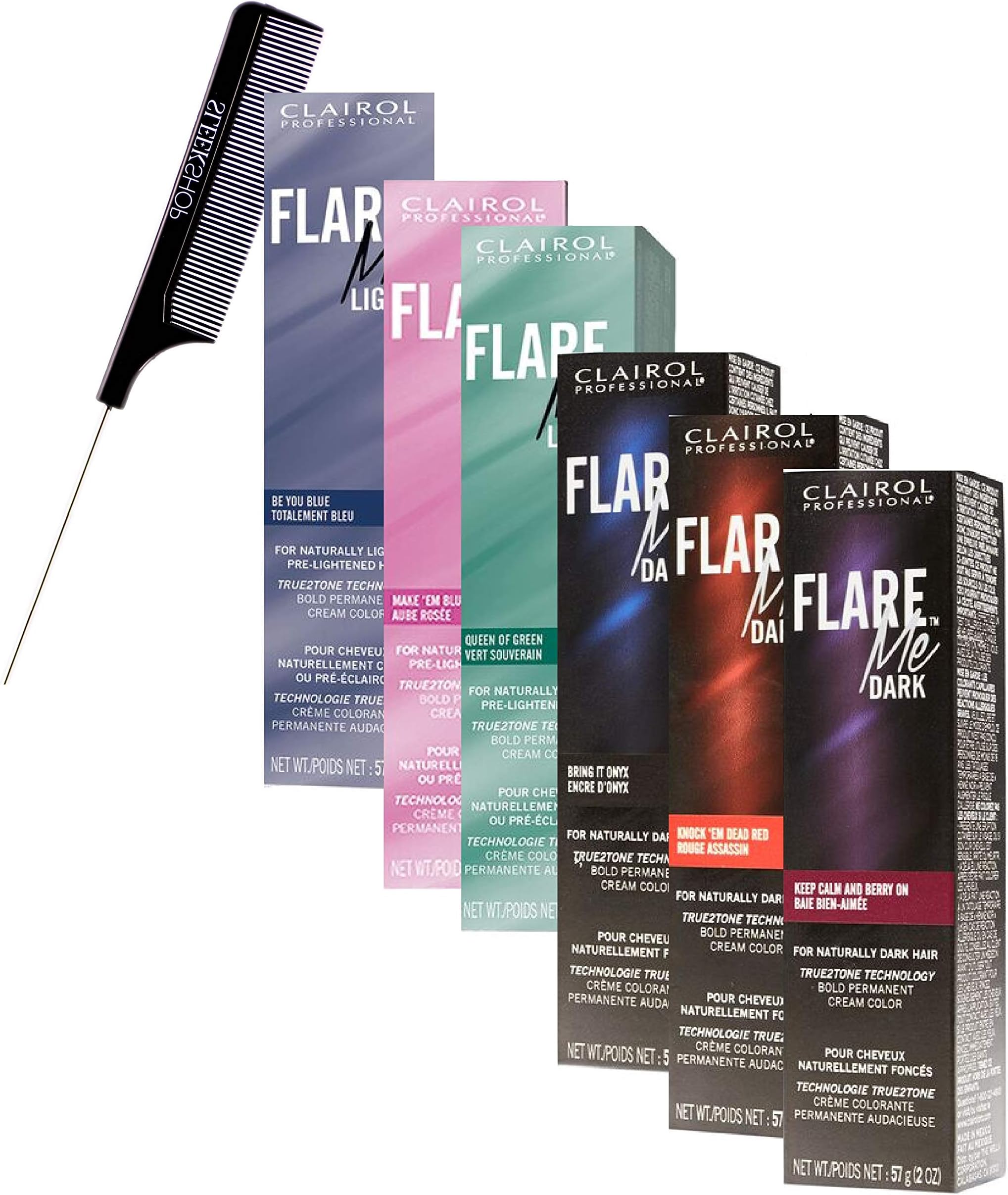 Clairol Flare Me Light or Dark Permanent Cream Hair Color Dye (w/Sleek Steel Pin Rat Tail Comb) Haircolor Creme (DARK - Keep Calm Berry)