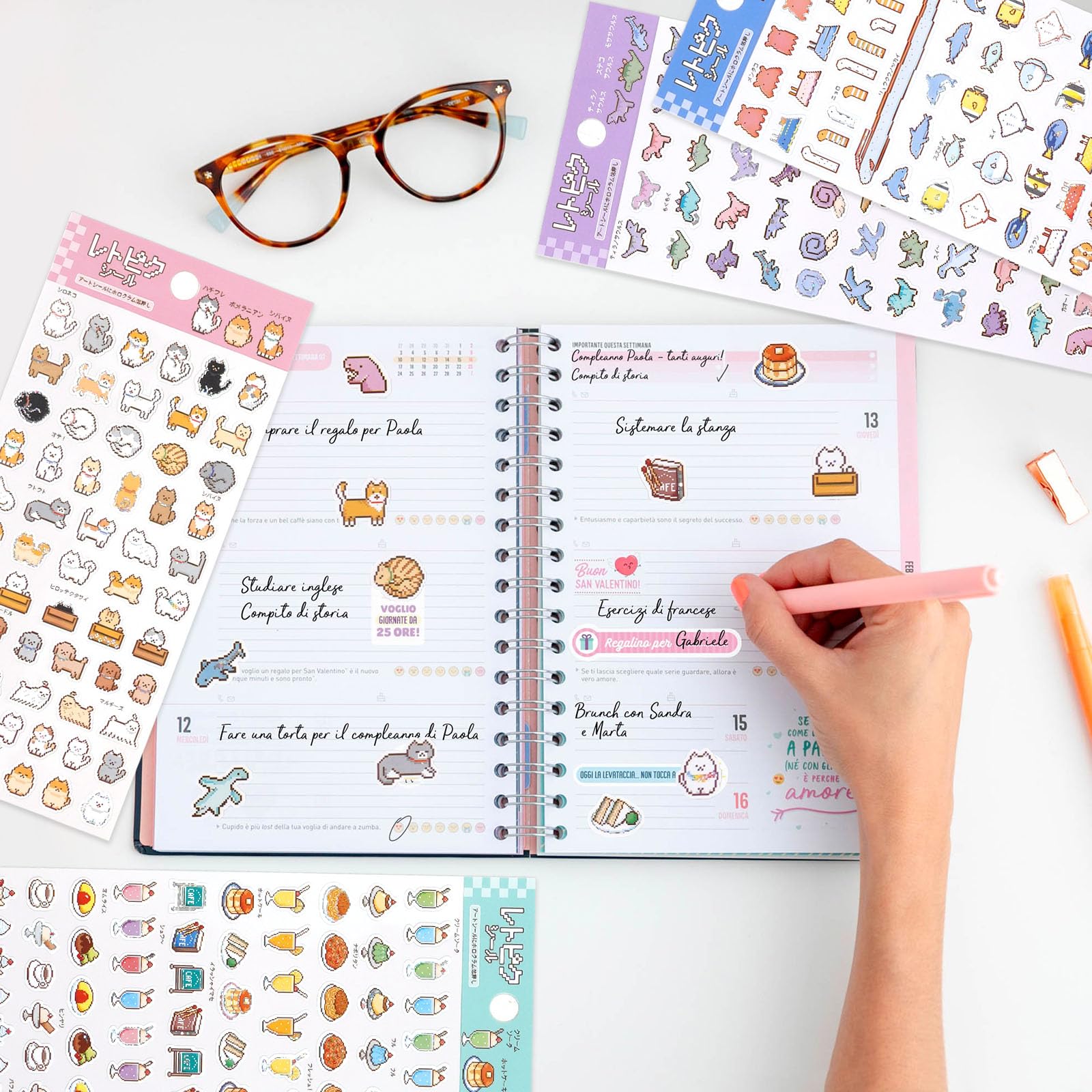 Japanese Kawaii Retro Pixel Style Stickers for Scrapbooking – Cute Animal, Food, Dinosaur, and Ocean Themes – Journaling Sticker Pack for Stationery and Crafting – 4 Sheets